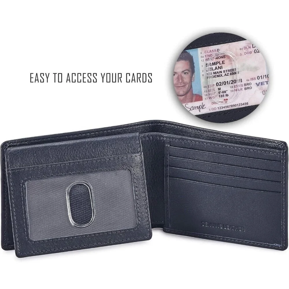 Men's Unique Metal Real Slim Dark Navy Genuine Vintage Leather Stylish Wallet